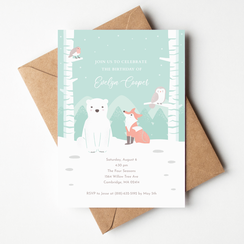 Animal design with the title 'Winter theme birthday party invitation '