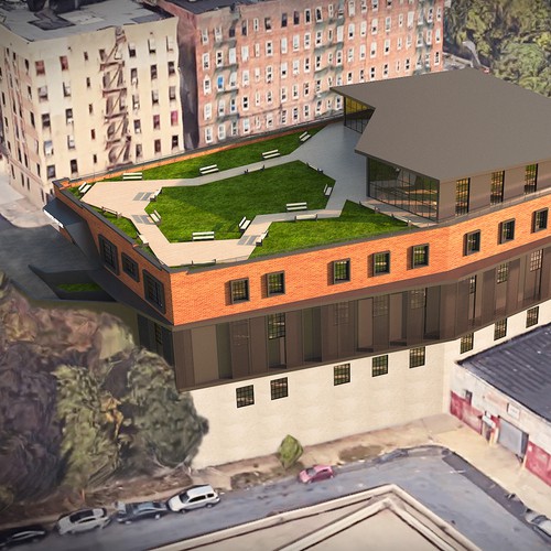 Architecture illustration with the title '3D Model + Rendering +photo-montage of homeless shelter'