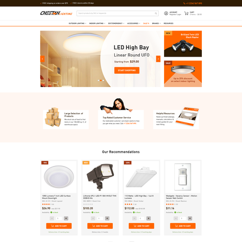 Magento website with the title 'Homepage design for Cheetah Lighting's magento powered e-commerce site '