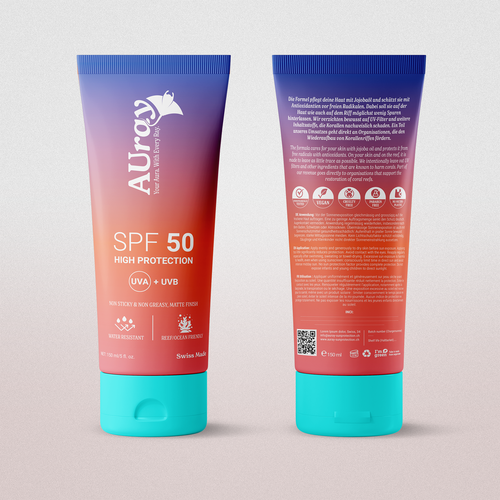 Skincare packaging with the title 'AURAY - the new reef friendly lifstyle sunscreen brand'