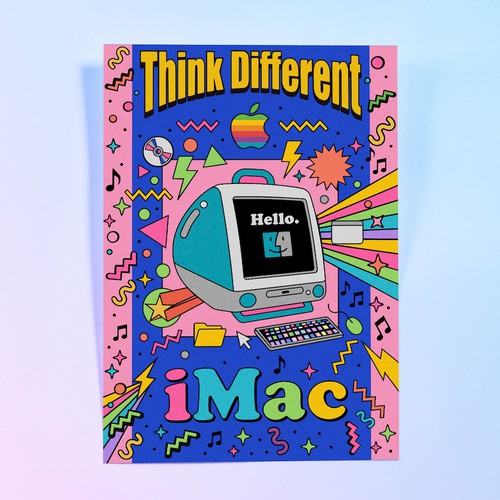 Colorful artwork with the title '50 years of thinking different: Celebrating Apple through the ages'