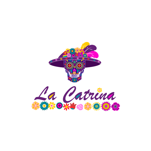 Pink and purple logo with the title 'Flowered skull of La catrina'
