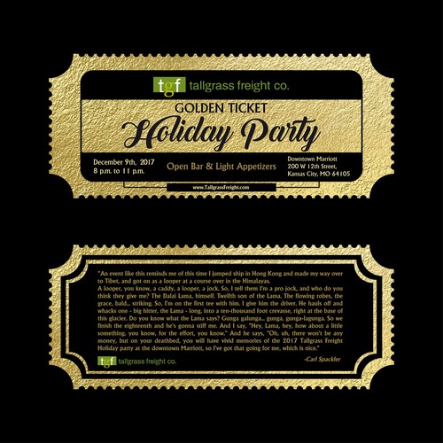 Ticket design with the title 'Golden Ticket Holiday Party'