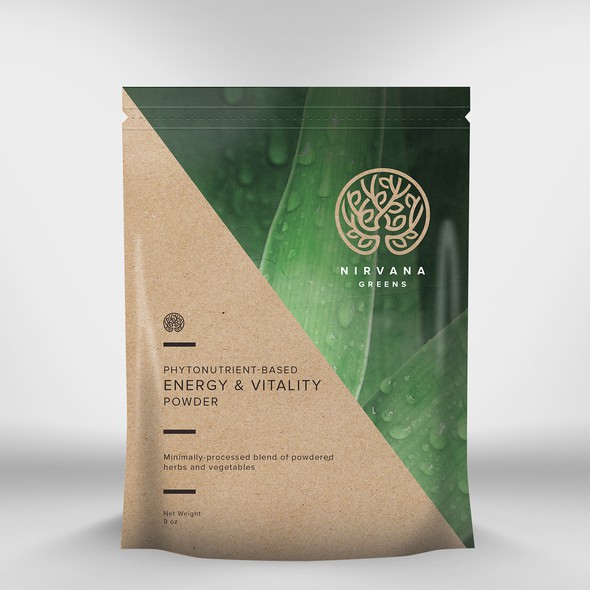 Energy packaging with the title 'Create unique, eye-catching packaging for Nirvana Greens'