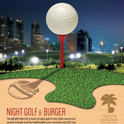 Sports illustration with the title 'Create a burger and night golf design'