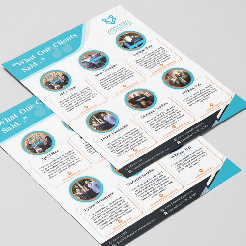 Testimonials design with the title 'Testimonials Flyer for "Devon & Dustin Fox Homes"'