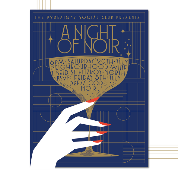 Party illustration with the title '99social: 1920's/Art Deco Style Poster for our Annual Mid-Year Event!'