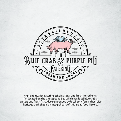 Crab logo with the title 'Blue crab and purple pig catering logo'