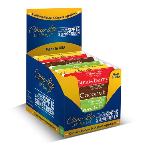Display packaging with the title 'Chap-Lip Lip Balm Conter Top Display Box'