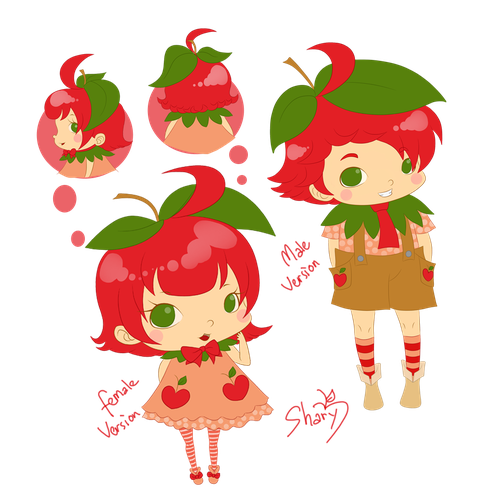 Chibi design with the title 'MASCOT APPLELAND MALE & FEMALE VERSION'