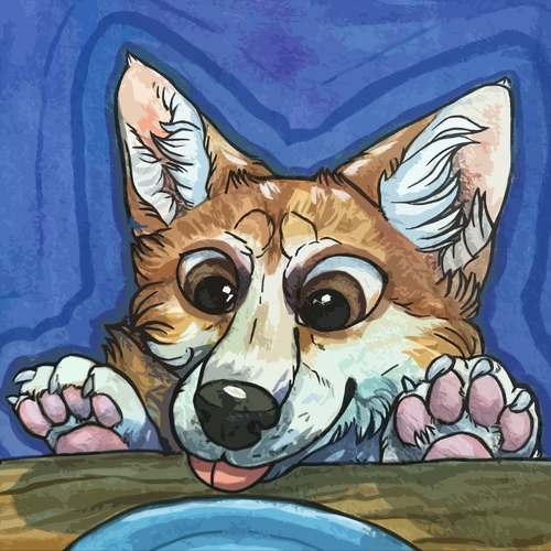 Mixed media design with the title '"Hungry Corgi" Mixed Media Illustration'