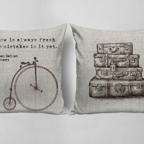 Pillow design with the title 'BOOKISH PILLOWS: Peter Pan, Jane Austen and Anne of Green Gables'