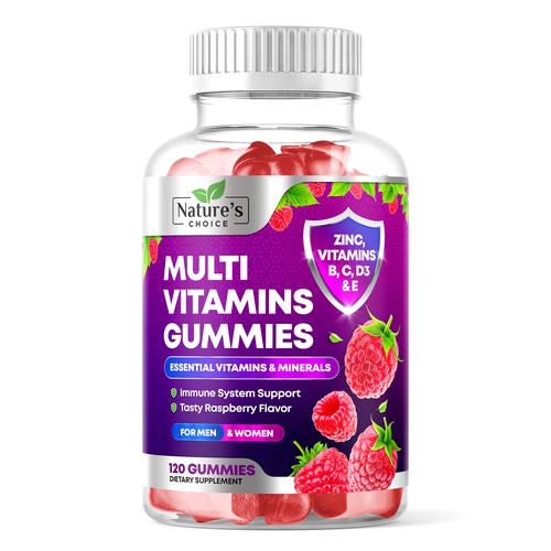 Raspberry design with the title 'Multivitamin Gummies for Adults Label Design'