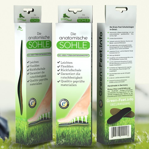Shoe packaging with the title 'Product packaging design for  shoe inserts "Green Feet"'