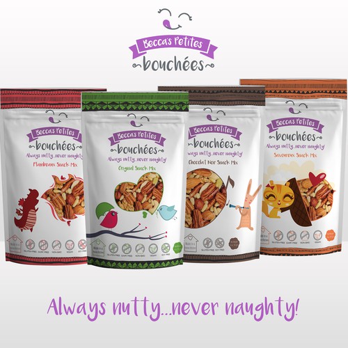 Vegan food packaging with the title 'FUN Paleo Friendly Snack Mix stand up bag'