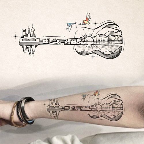 Guitar design with the title 'Guitar Spirit & Two Birds '