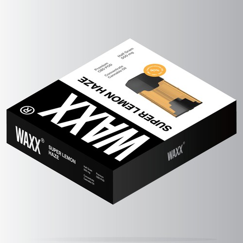 Black and white packaging with the title 'waxx pod packaging'