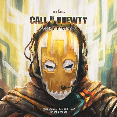 Brewery label with the title '8bit brewing - Call of Brewty'