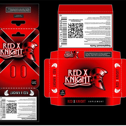 Nutritional supplement packaging with the title 'Product Packaging for Red X Knight'