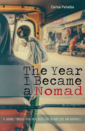 Photography book cover with the title 'Creative cover for adventurous travel memoir: "The Year I Became a Nomad"'