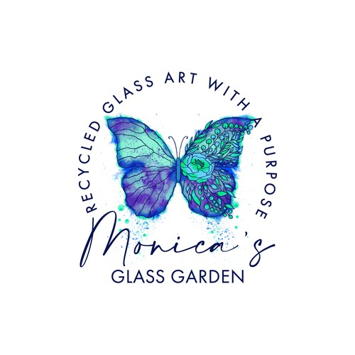 Glass logo with the title 'Monica's Glass Garden'