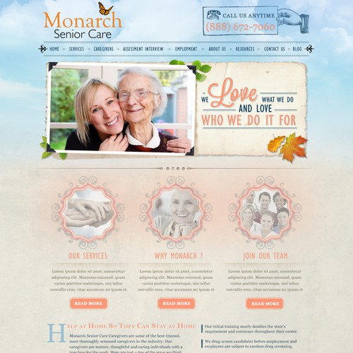 Cloud website with the title 'website design for Monarch Senior Care'