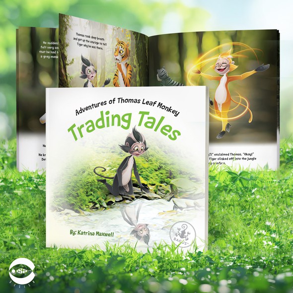 Green design with the title 'Book cover and typesetting for “Trading Tales” by Katrina Maxwell'