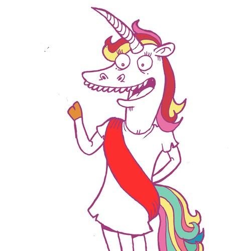 Ink artwork with the title 'Unicorn Carton.'