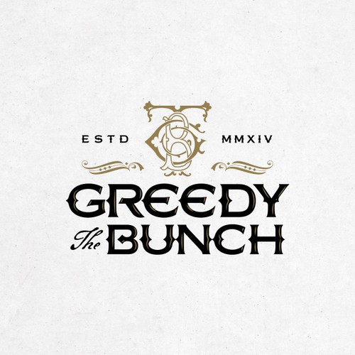 Antique design with the title 'Logo for The Greedy Bunch.'