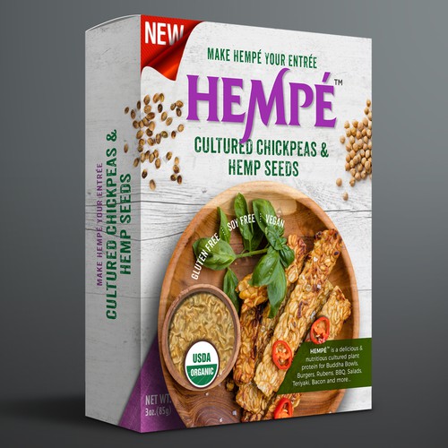 Cereal design with the title 'Cultured Chickpeas & Hemp Seeds'