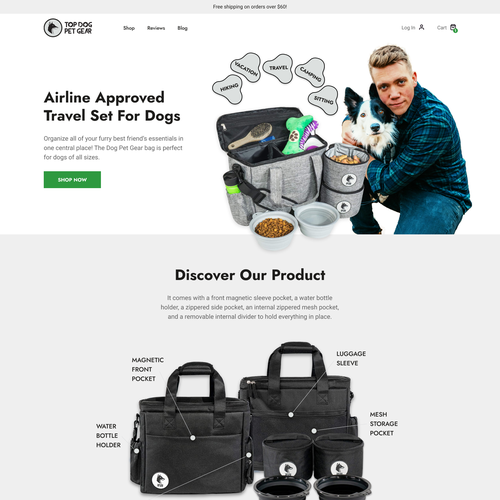 Dog website with the title 'Travel Set For Dogs Online Shop'