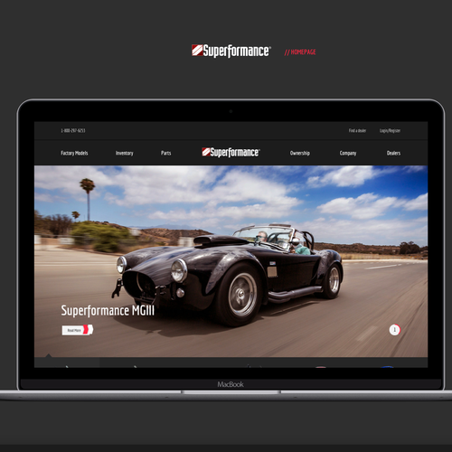 Automotive website with the title 'Homepage concept for High Performance Race Cars'