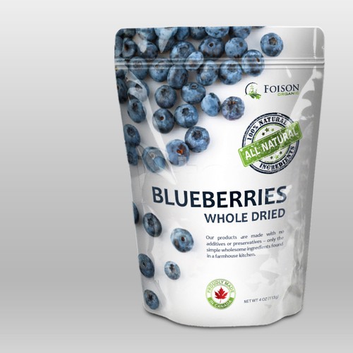 Pouch design with the title 'Dried Blueberries'
