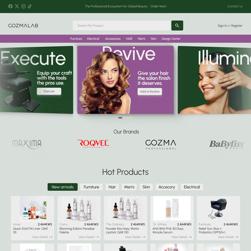 Product design website with the title 'Cosmotics website'