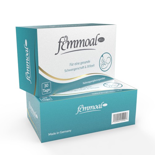 Medicine packaging with the title 'Femmoal Pus Box design'