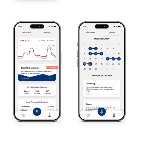 Calendar design with the title 'Personal Vocal Training Application'