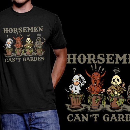 Art t-shirt with the title 'Death/Horsemen can't garden'
