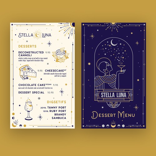 Astrology design with the title 'Dessert menu for organic scratch kitchen'