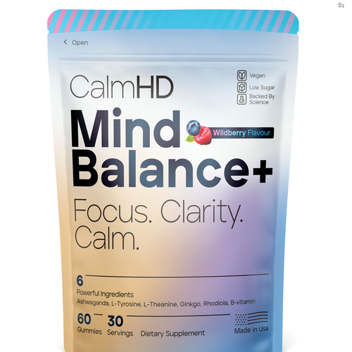 Pouch design with the title 'Calm HD MindBalance+ | Gummy Brand Packaging Design'