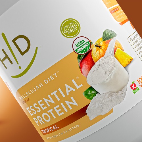 Tropical label with the title 'Hallelujah Diet Tropical Protein Label'