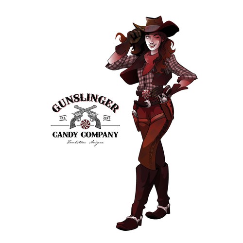 Branding illustration with the title 'Avatar illustration - cowgirl character / mascot for a candy company.'