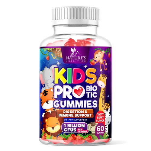 Kids label with the title 'Natures Nutrition Kids Probiotic Gummies'