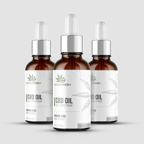 Dropper bottle label with the title 'CannaMed+ CBD products in form of oils'