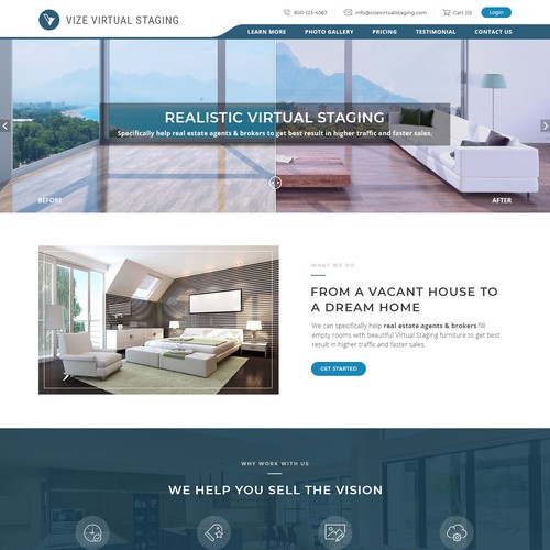 Real estate website with the title 'homepage for vize virtual staging'