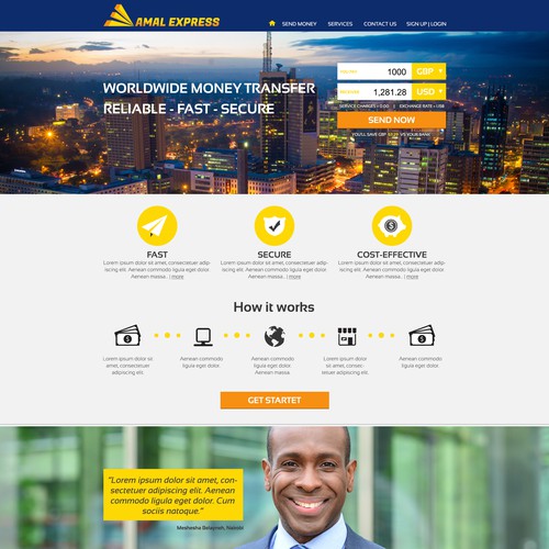 Yellow website with the title 'Web design for money transfer business'