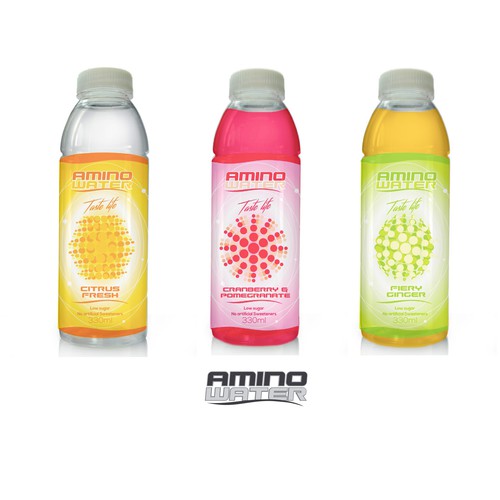 Water packaging with the title 'Amino Water - DELICIOUS REVOLUTIONARY HEALTH DRINK'
