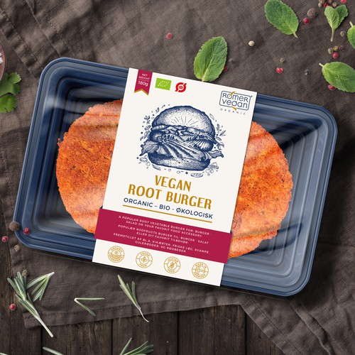 Classic label with the title 'Label design for Vegan Root Burger'