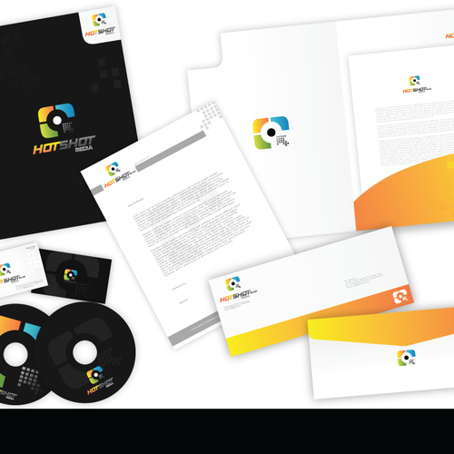 Futuristic brand with the title 'Hotshot Media (Online Media Company): Logo, Biz Card, Letterhead'