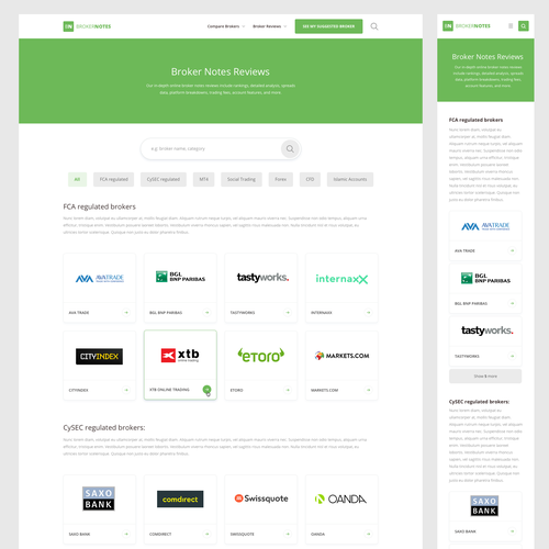 Sketch website with the title 'Broker Category listing + Responsive'