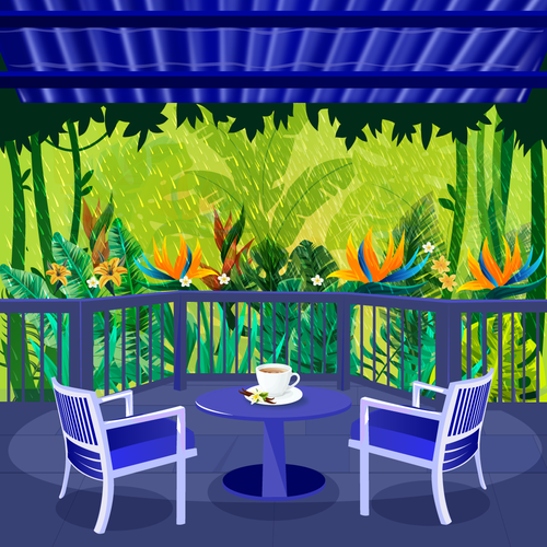 Scenery artwork with the title 'Tropical coffee shop illustration'